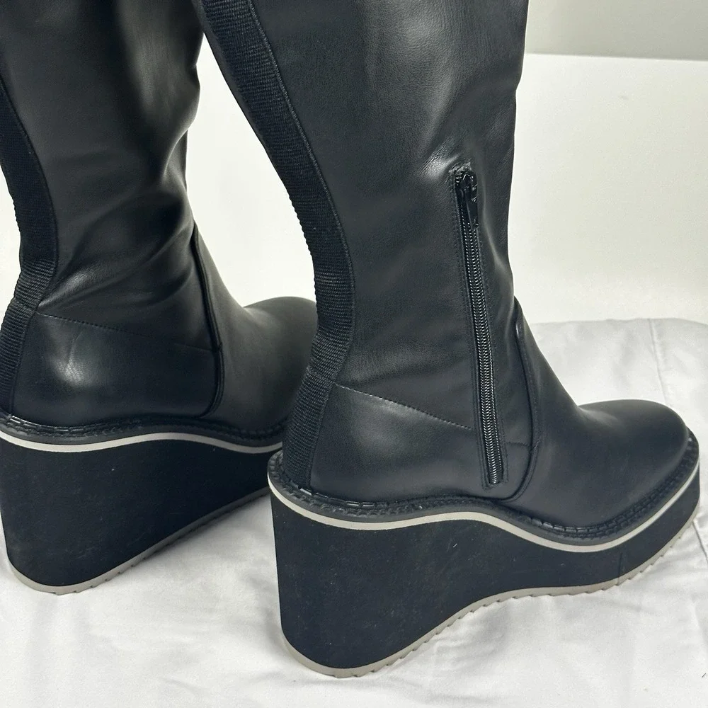Naked Feet Apex Wedge Knee-high Boots Black‎ Faux Leather Size 9 Women's EUC